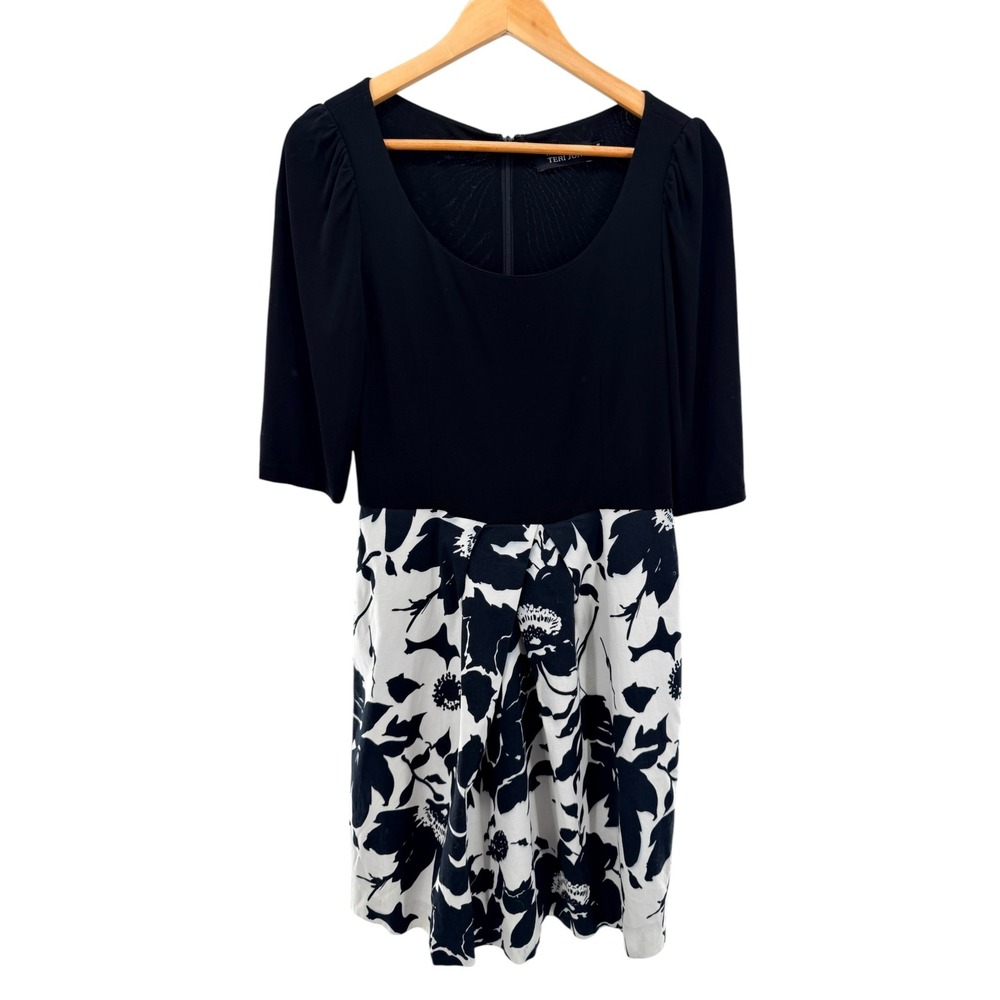 Rickie Freeman Teri Jon Colorblock Sheath Dress Floral Black White Size 10 Work
